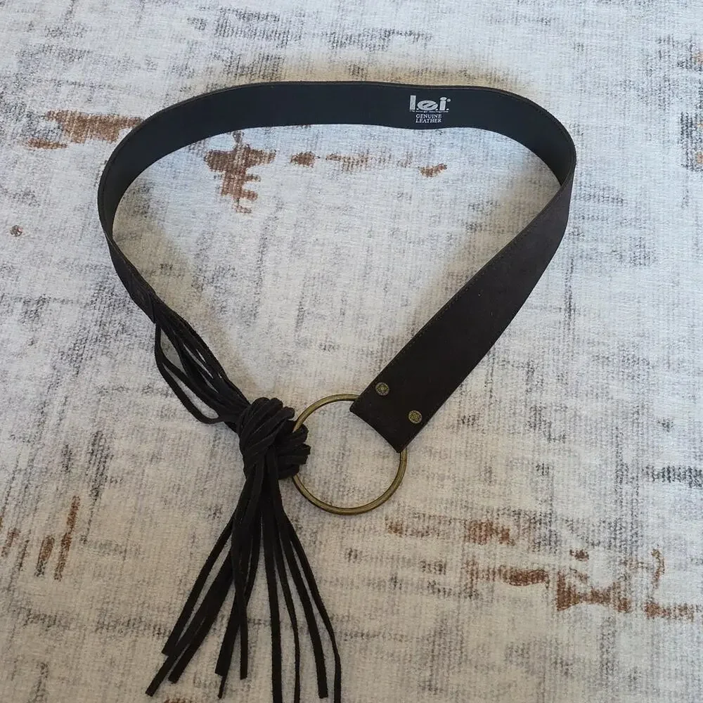 L.E.I. Genuine Dark Brown Suede Leather Low Slung Fringe Western Belt OS Trendy